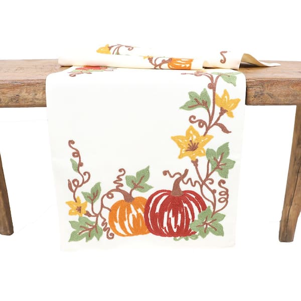 Manor Luxe 15 in. x 90 in. Happy Fall Pumpkins Crewel Embroidered Table Runner, Cream