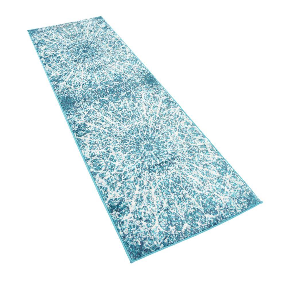 Turquoise and White Synthetic Reversible Runner Rug