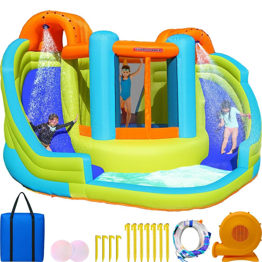 SPORTSPOWER Double Water Slide, Bouncer Sakes and Air Blower Included for Kids 3-8 Ideal for Medium to Large Backyards