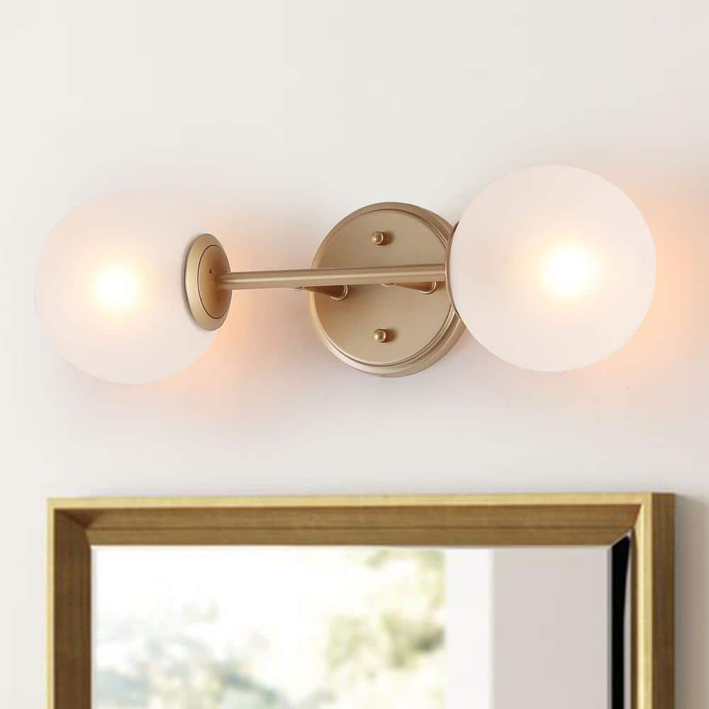 Uolfin Gold Wall Sconce Light, 2-Light Modern Farmhouse Globe Bathroom Vanity Light Fixture with Frosted Glass Shades