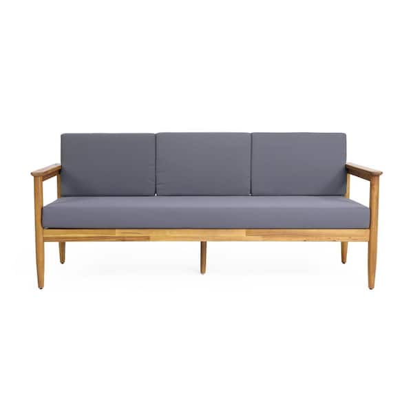 Unbranded Outdoor 3-Seater Teak Wood Day Bed, Chaise Lounge with Cushion Guard and Wood Arms, Dark Grey Cushion
