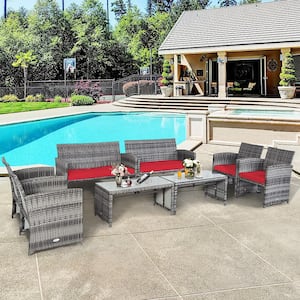 8-Piece Wicker Patio Conversation Set with Red Cushions and Glass Table