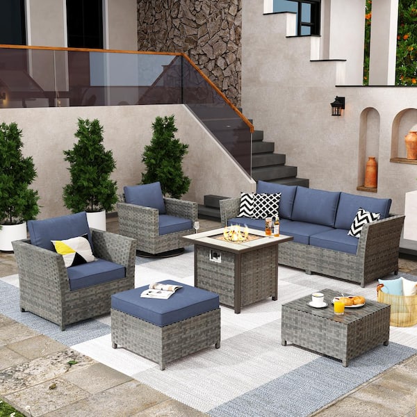 XIZZI Fontainebleau Gray 8-Piece Wicker Outerdoor Patio Fire Pit Set with Denim Blue Cushions and Swivel Rocking Chairs