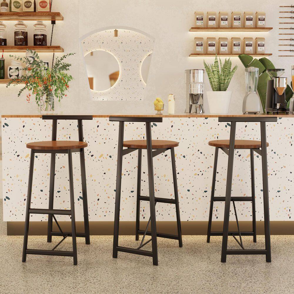 Walnut Brown Wood Bar Stool Set of 3, Counter Height Barstools with Back Ar