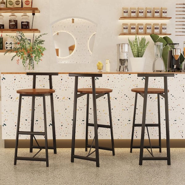 Unbranded Walnut Brown Wood Bar Stool Set of 3, Counter Height Barstools with Back Armless Dining Chairs for Kitchen Island