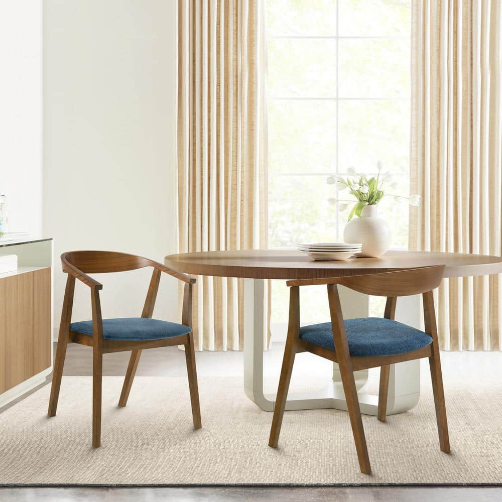 Santana Blue Fabric Upholstered Wood Dining Chair Set of 2 with Arms and Op