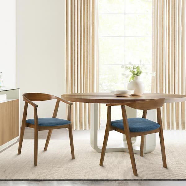 Armen Living Santana Blue Fabric Upholstered Wood Dining Chair Set of 2 with Arms and Open Back