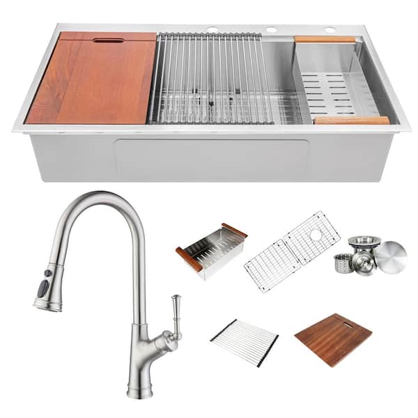 eModernDecor 16-Gauge Stainless Steel 42 in. Single Bowl Drop-In Workstation Kitchen Sink Combo with Faucet