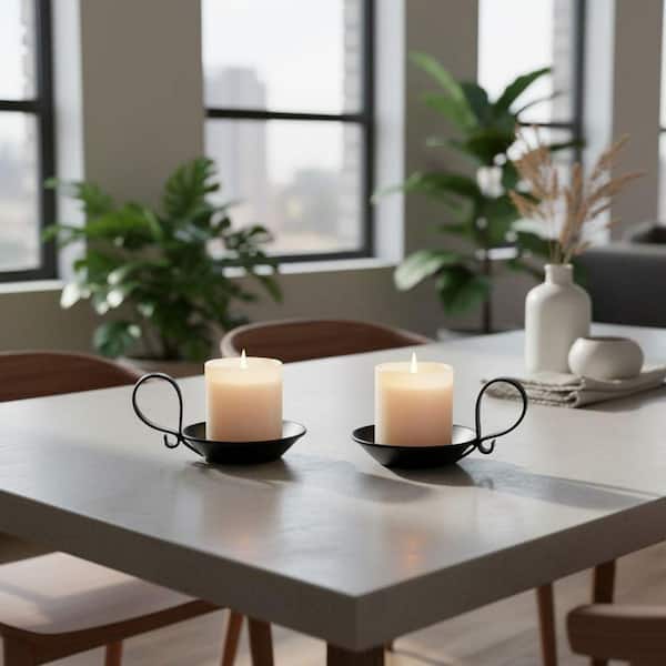 Matte Black Iron Pillar Candle Holders 2-Pack, with Handle and