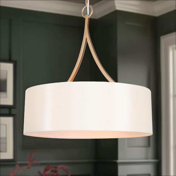 3-Light Modern Dark Gold Pendant Light, Farmhouse Chandelier with Drum Fabric Shade, White Island Pendant Hanging Light