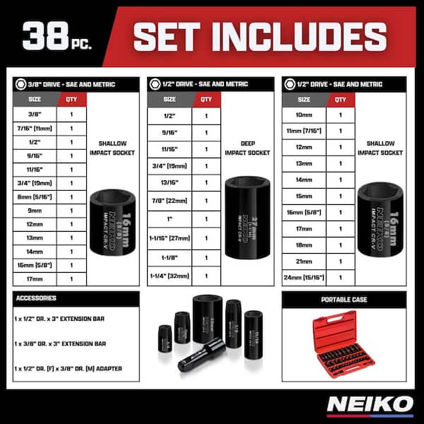 niko NEIKO 3/8 in. and 1/2 in. Drive SAE and Metric Impact Socket Set