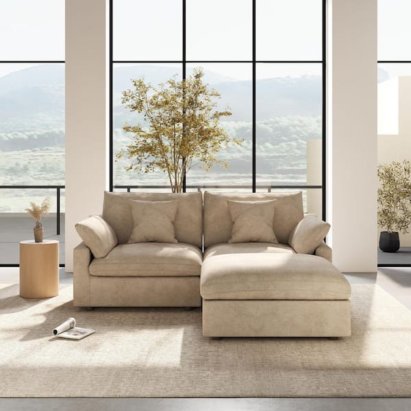 83 in. W Square Arm Linen Upholstered Rectangle 2-Seater Sectional Sofa with Ottoman in. khaki