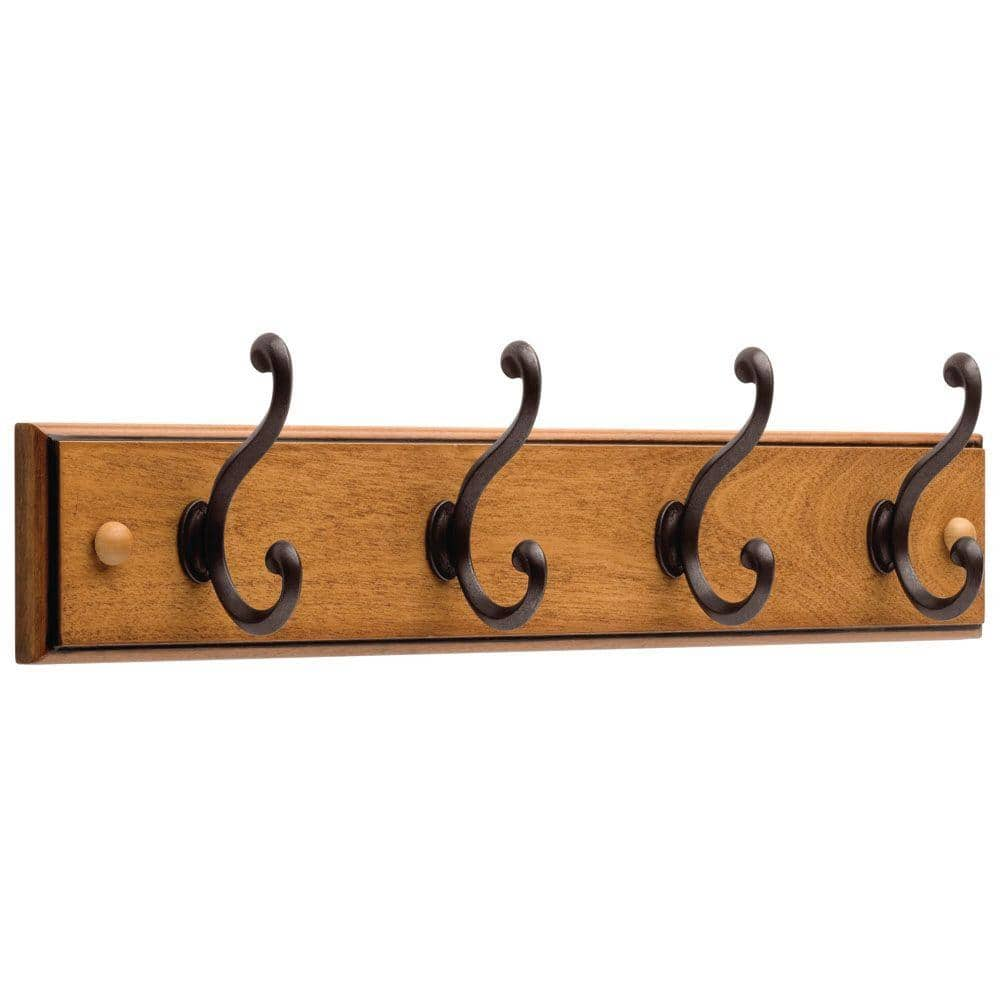 Liberty Hardware 128738 1 Wooden RailCoat Rack with 4 Scroll Hooks, 18,  Honey Maple & Statuary Bronze