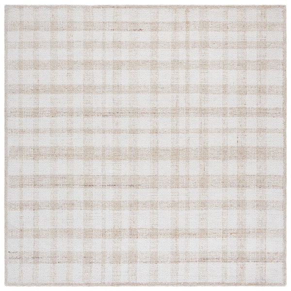 Abstract 6 ft. x 6 ft. Square Ivory/Gold Border Plaid Area Rug