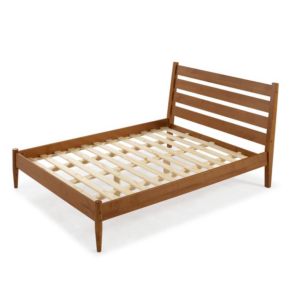 Castanho Brown Mid-Century Modern Queen Platform Bed with Slatted Headboard