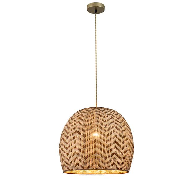 Vividia 1-Light Natural Rattan Hanging Pendant Light in Brass Finish