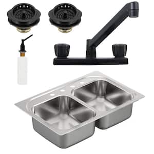 33 in. Drop in Undermount Double Bowl 18 Gaige 304 Stainless Steel Kitchen Sink with Double Handle Faucet, Matte Black
