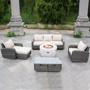 Amy Gray 6-Piece Wicker Patio Fire Pit Conversation Sofa Set with Beige Cushions