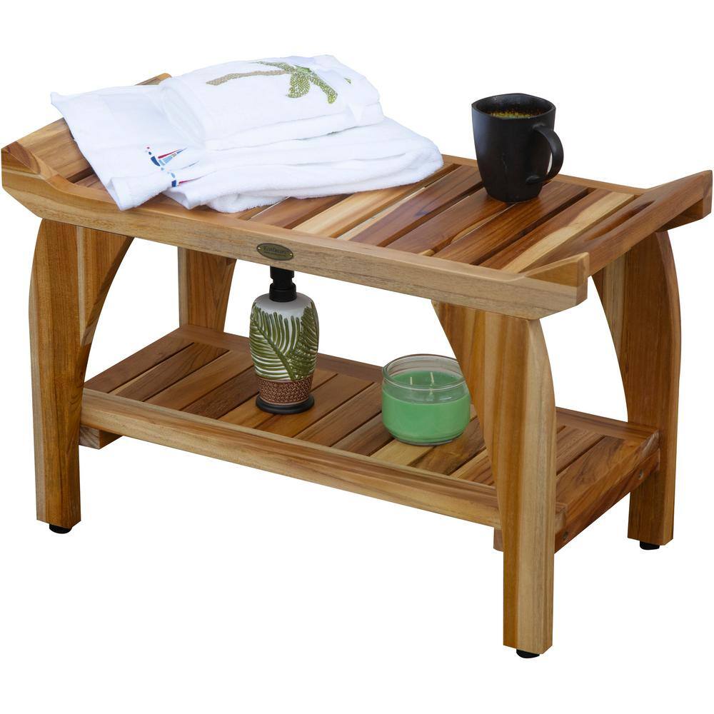 EcoDecors 32" Natural Teak Shower Bench with Handles and Shelf