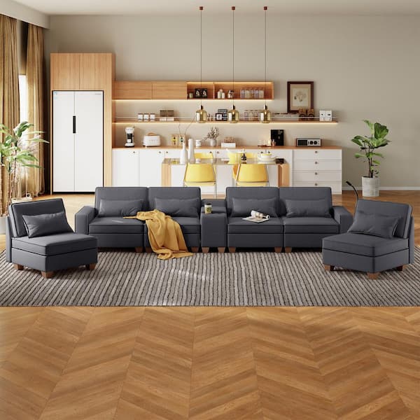 STICKON 123 in. W Square Arm Linen U Shaped Sofa in Dark Grey with Storage Seats and Console