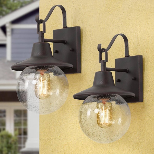 LNC Modern Rusty Black Outdoor Sconce, Rustic 1-Light Porch Wall Light with Globe Seeded Glass Shade Snowman Design (2-Pack)