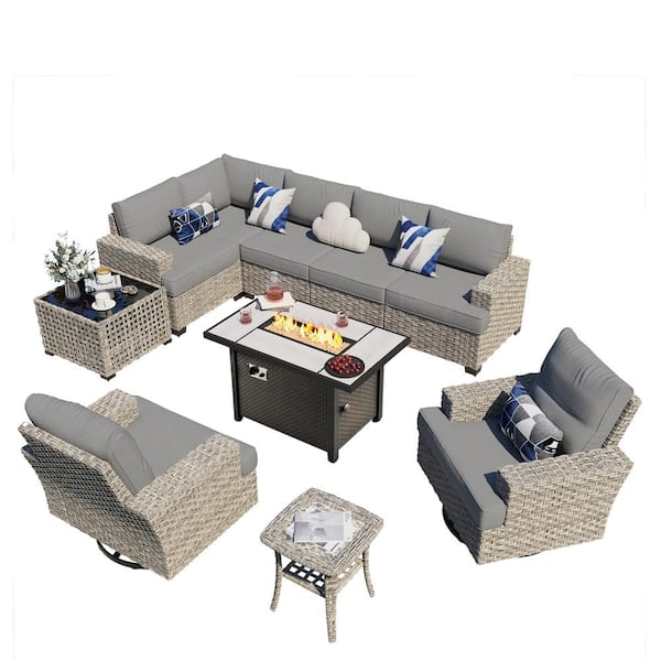 Torino 10-Piece Wicker Outdoor Patio Conversation Sofa Sectional Chairs Set with Metal Fire Pit and Dark Gray Cushions