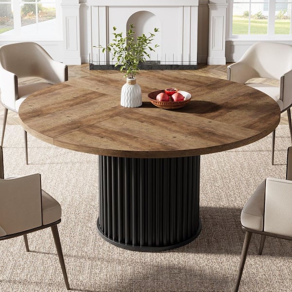 Alan 47 in. Modern Brown Black Wood Pedestal Dining Table Round Dinner Kitchen Table with Fluted Metal Base Seat 4