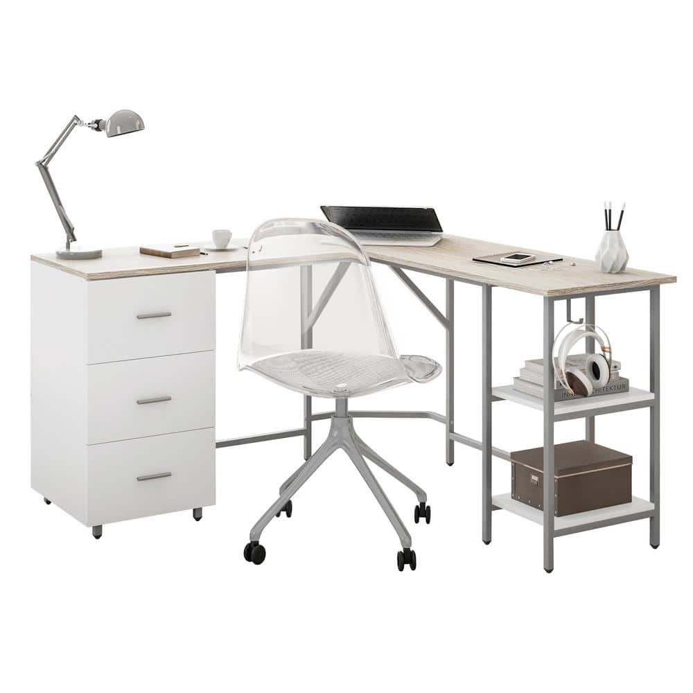 Sand Wood L-Shape Gaming Computer Desk with Drawer
