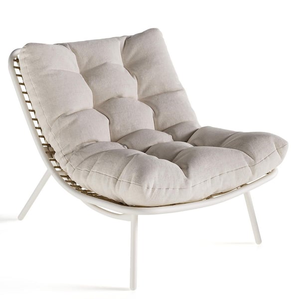 Steel Wicker Outdoor Armless Lounge Chair with Beige Cushion