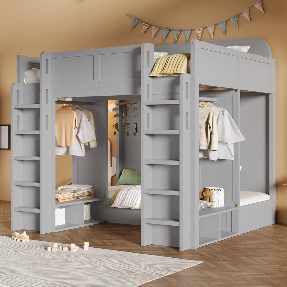 Harper & Bright Designs Gray Twin Plus Twin over Twin XL Wood Triple ...