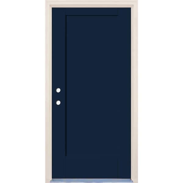 Builders Choice 32 in. x 80 in. 1 Panel Right-Hand Indigo Painted Fiberglass Prehung Front Door w/6-9/16 in. Frame and Nickel Hinges