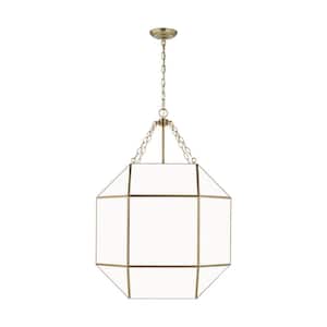 Morrison 4-Light Satin Brass Large Lantern Hanging Pendant Light with White Glass Panel