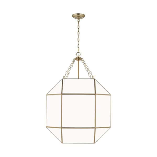 Generation Lighting Morrison 4-Light Satin Brass Large Lantern Hanging Pendant Light with White Glass Panel