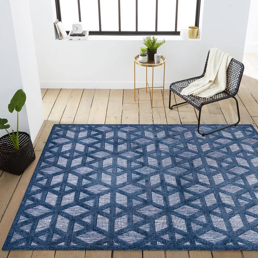 Navy Geometric Synthetic Reversible Rectangular Area Rug 63" x 8.7"