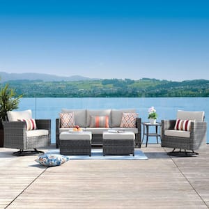 Positano Gray 6-Piece Wicker Patio Conversation Set with Beige Cushions and Swivel Rocking Chairs