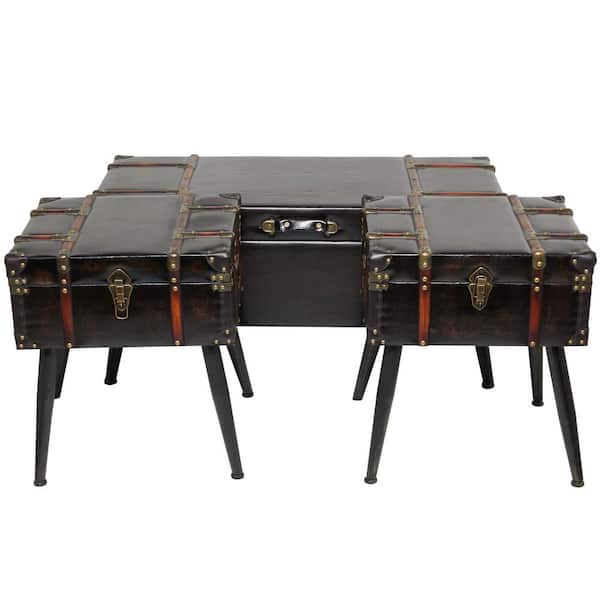 Litton Lane 40 in. Black Medium Rectangle Faux Leather Studded Coffee Table with Latches and Handles (3- Pieces)