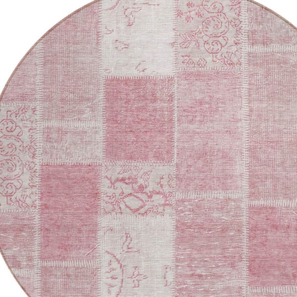 Pink, Blush, Ivory 8 ft. Round Woven Plaid Polyester Round Indoor/Outdoor Area Rug