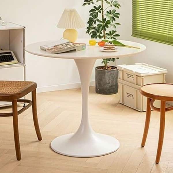 24 in. Round White MDF End Table, Modern Steel Base Tulip Dining Table, Mid-Century Coffee or Accent Table