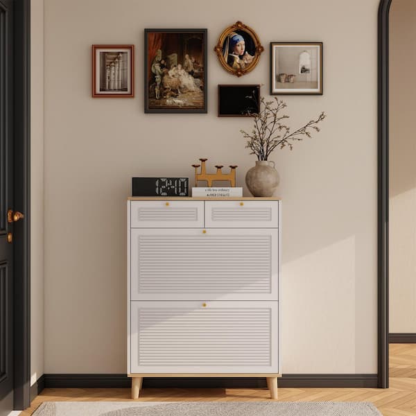 Modern Freestanding Wooden Narrow White Entry Shoe Cabinet with 2-Flap Doors and 2-Drawers