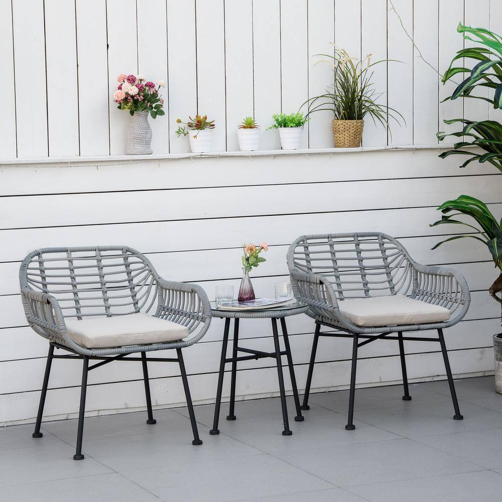Outsunny 3-Piece Gray and Cream PE Rattan Patio Set