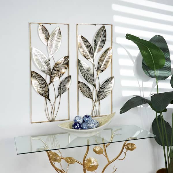 Litton Lane Metal Gold Metallic Cutout Leaf Wall Decor with Silver Accents (Set of 2)
