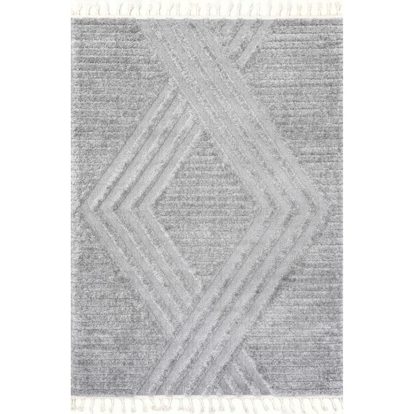 Risette Geometric Shag Tassel Accent Rug Light Grey 3 ft. x 5 ft. Area Rug