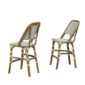 French Counter Height Bamboo Print Finish Aluminum with Hand-Woven Rattan Outdoor Bar Stool, Light Blue (2-Pack)