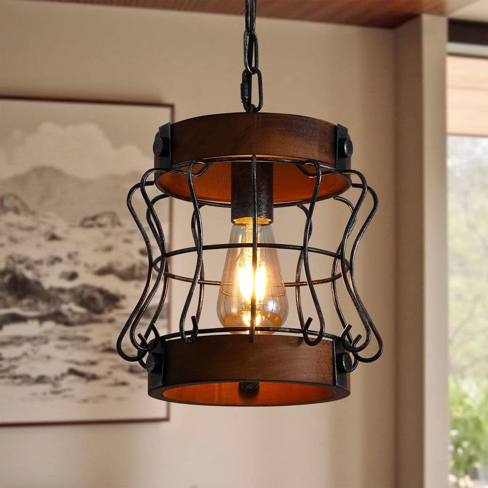 60W 1-Light Black Farmhouse Wood Kitchen Island Pendant Light with Burnt Wood Texture, 59 Inch Adjustable Chain price history on PriceWatchPro