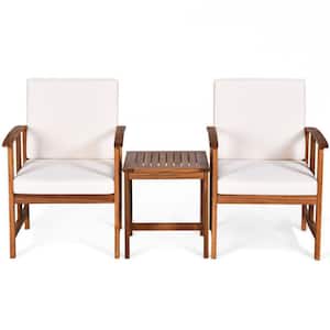 3-Piece Acacia Wood Outdoor Sectional Set Conversation Set with Baige Cushions and Coffee Table