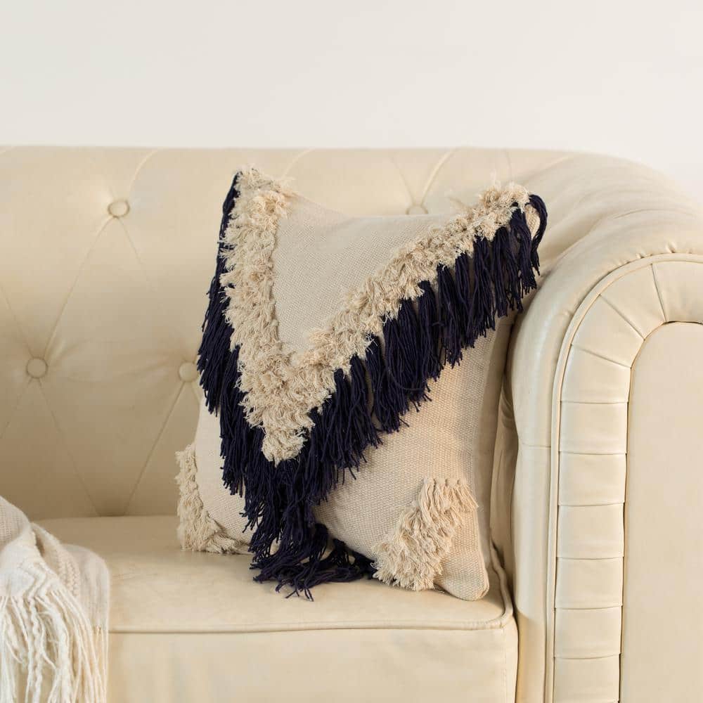 16" Navy Handwoven Cotton Euro Throw Pillow Cover with Embossed and Fringed Crossed Line