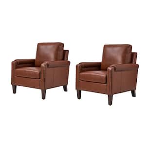 Leander Brown Genuine Leather Armchair Set of 2 with Removable Cushion and Nailhead Trims