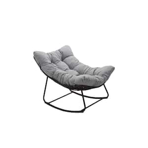 Dark Gray Frame Metal Outdoor Rocking Chair, with Light Gray Cushion, for Backyard, Patio, Garden