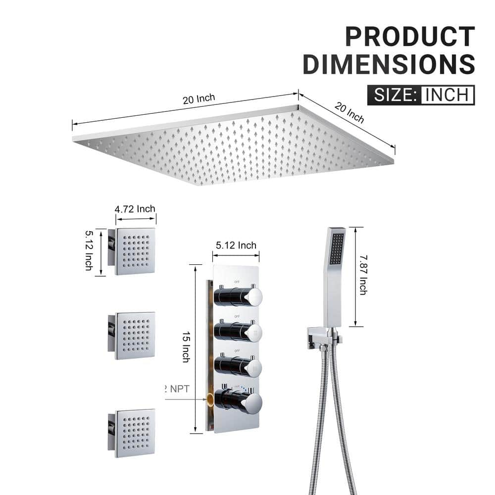 Large Chrome Dual Square Ceiling Mounted Shower System with Body Jets