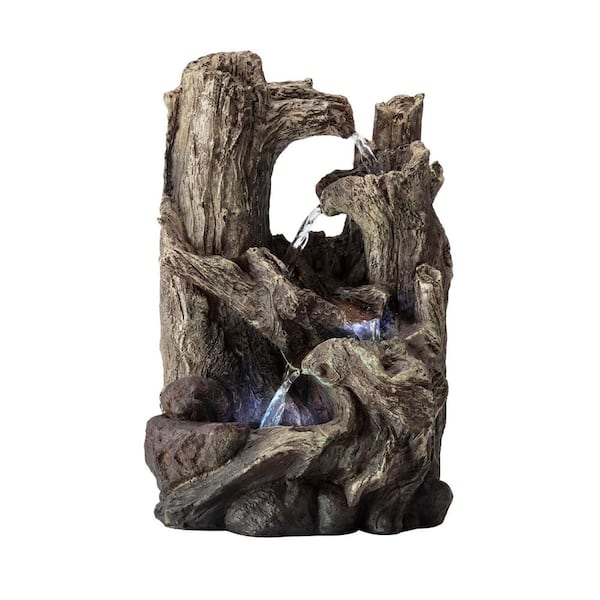 Alpine Corporation 14 in. Tall 5-Tiered Rainforest Tree Trunk Tabletop Waterfall Fountain with LED Lights, Brown